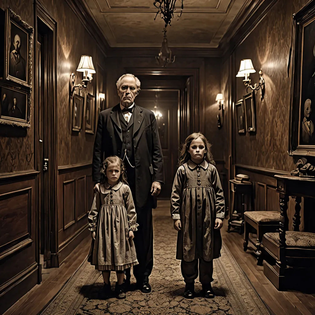 a man and two children standing in a hallway in a house with wood paneling and a chandelier, international gothic, a detailed matte painting, Anne Said, promotional image
