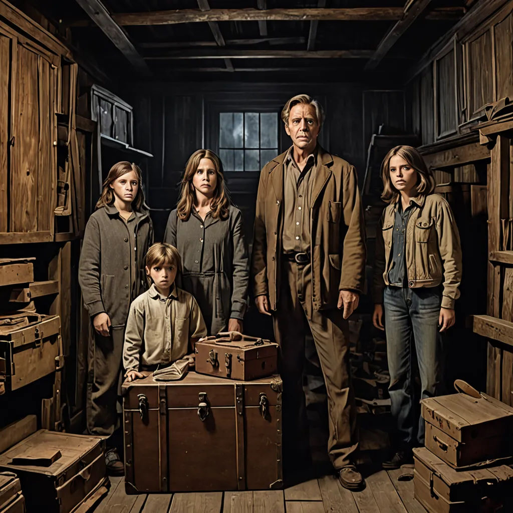 a family standing in a room with a suitcase and boxes on the floor and a man standing in the middle, arts and crafts movement, a poster, David Brewster, promotional image
