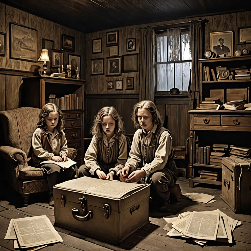 three children sitting on the floor with a suitcase in front of them and papers scattered around them on the floor, art photography, a detailed matte painting, Brad Kunkle, promotional image
