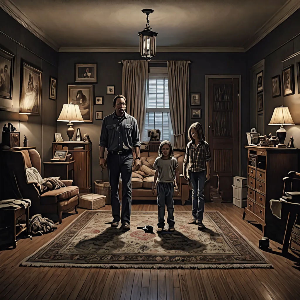 a man and two children standing in a living room with a rug on the floor and a lamp on the wall, american scene painting, poster art, Brad Kunkle, promotional image