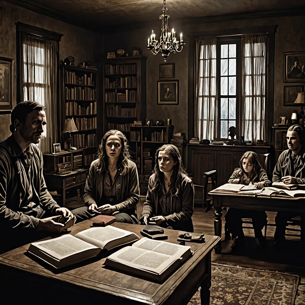 a group of people sitting around a table with books on it in a room with a chandelier, vancouver school, a colorized photo, Armin Hansen, promotional image