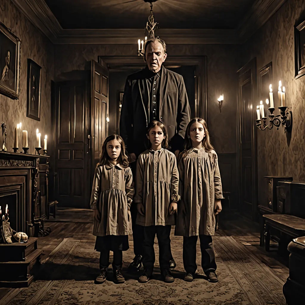 a man standing with two children in a room with candles on the walls and a fireplace in the background, international gothic, poster art, Dirk Crabeth, promotional image