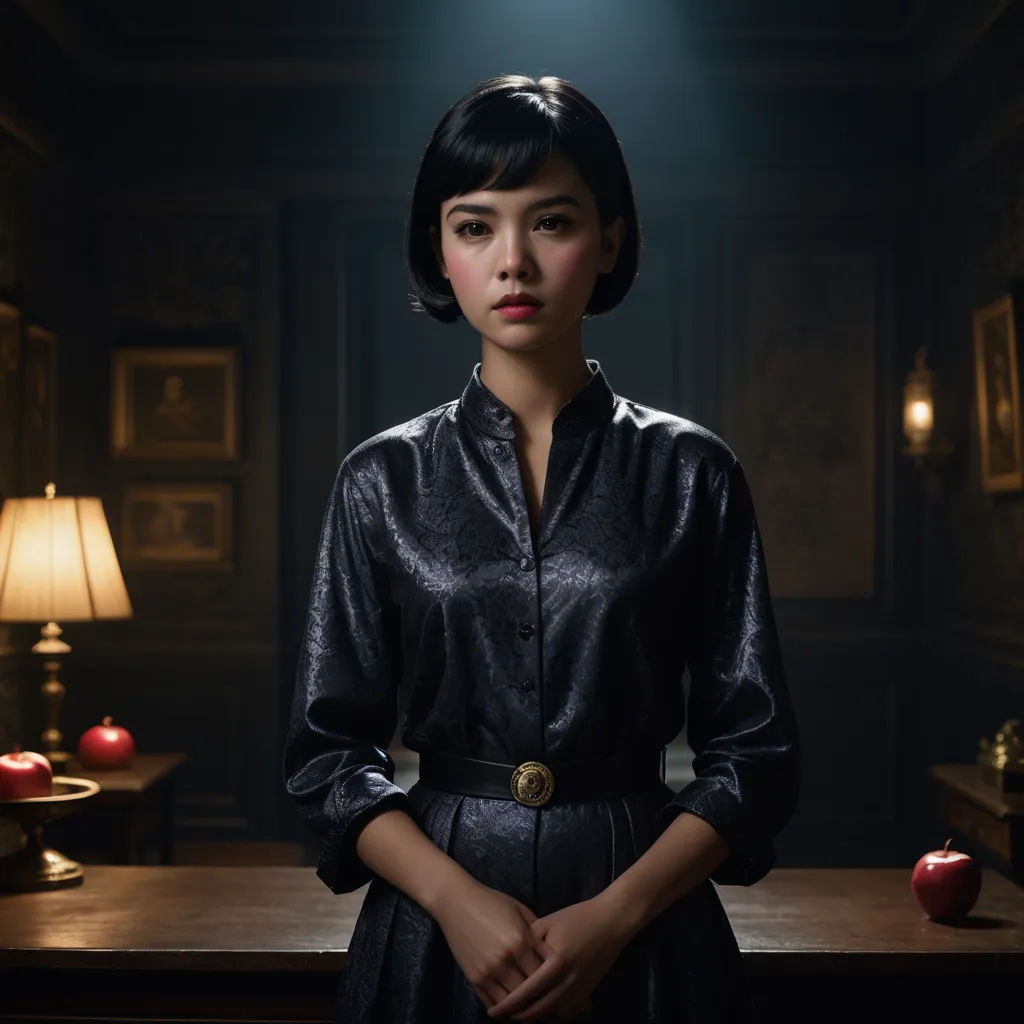 a woman standing in a dark room with an apple on a table in front of her and a lamp on the side, aestheticism, a character portrait, Chen Jiru, promotional image