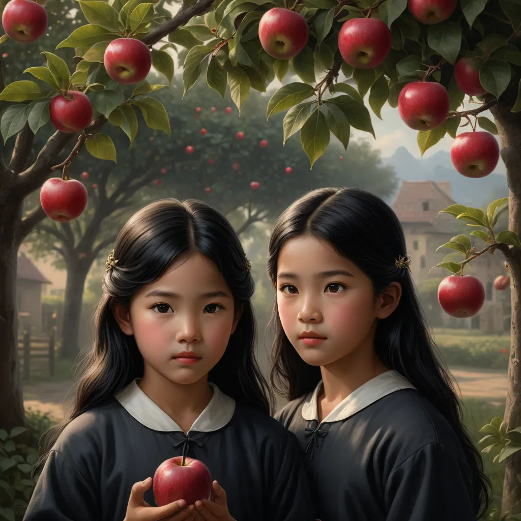 two asian girls standing under a tree with apples on it's branches, one holding an apple in her hand, precisionism, a photorealistic painting, Brad Kunkle, highly detailed oil painting