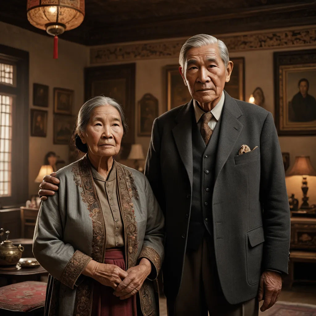 an older couple standing in a room with paintings on the wall and a chandelier hanging from the ceiling, international gothic, a still life, Chang Dai-chien, promotional image