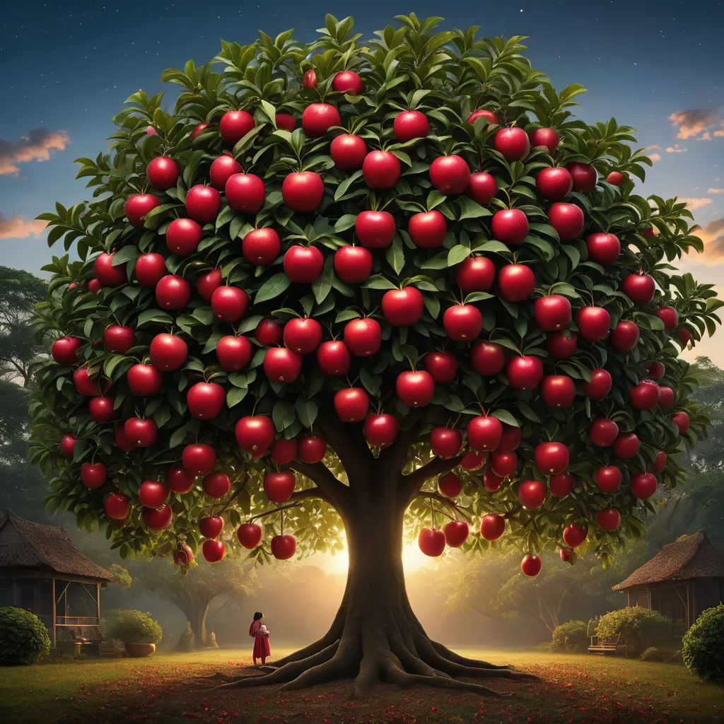 a tree with many red apples on it and a little boy standing under it in front of it with a sunset behind it, magical realism, a storybook illustration, Chris LaBrooy, highly detailed digital painting