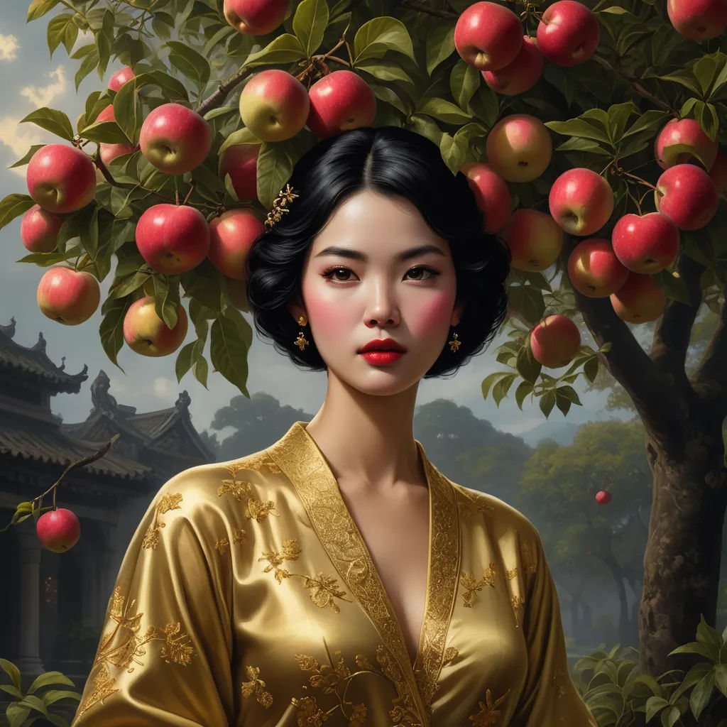 a painting of a woman in a golden dress under a tree with apples on it and a pagoda in the background, cloisonnism, a photorealistic painting, Chen Chun, highly detailed digital painting
