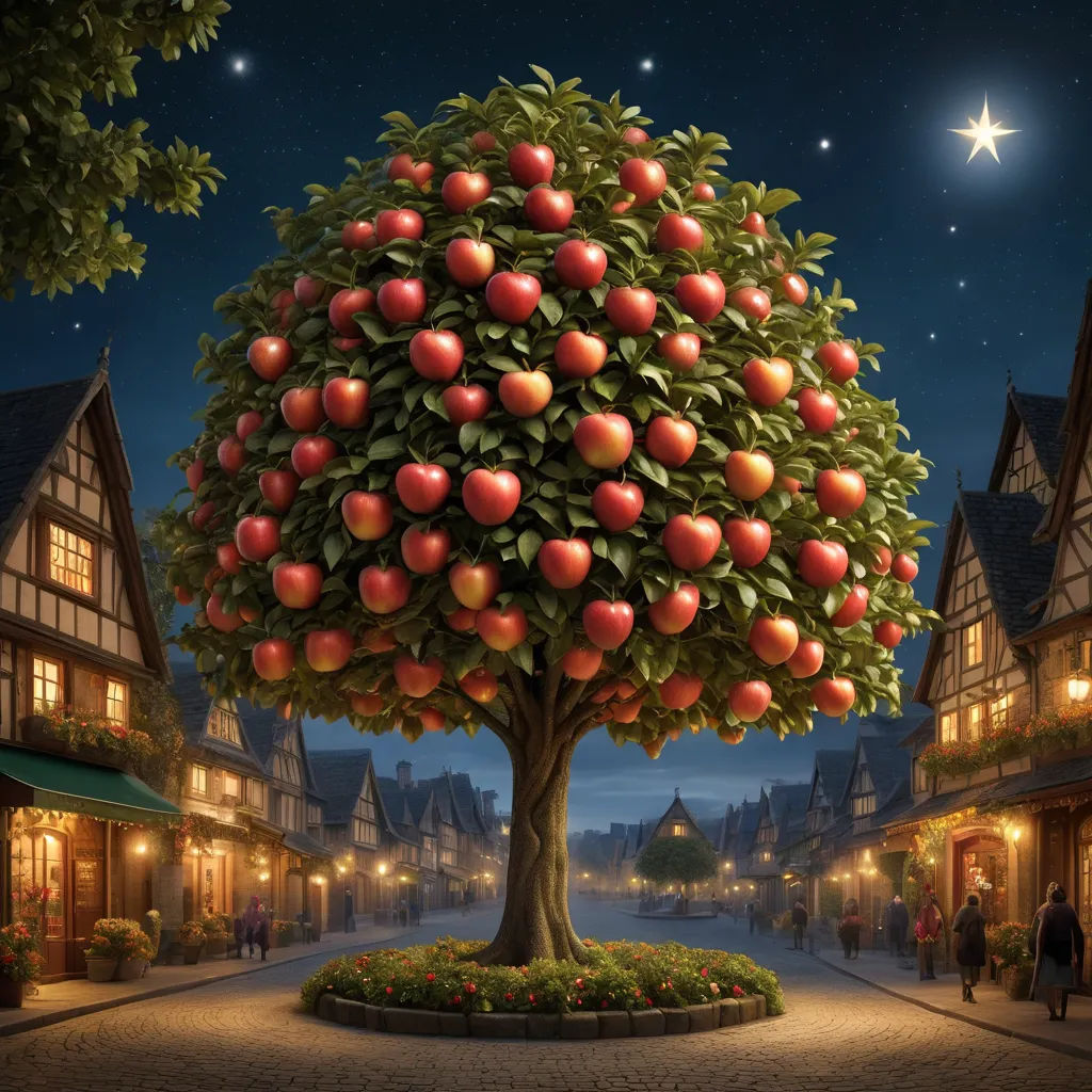 a tree with many apples on it in a town square at night with a star in the sky above, magical realism, a storybook illustration, Chris LaBrooy, highly detailed digital painting