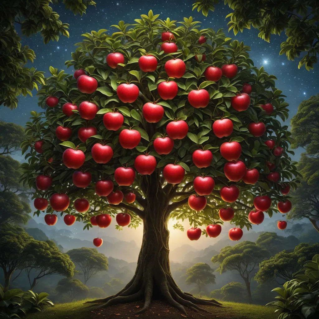 a painting of a tree with apples on it's branches and a moon in the background with stars, magical realism, a storybook illustration, David Martin, highly detailed digital art