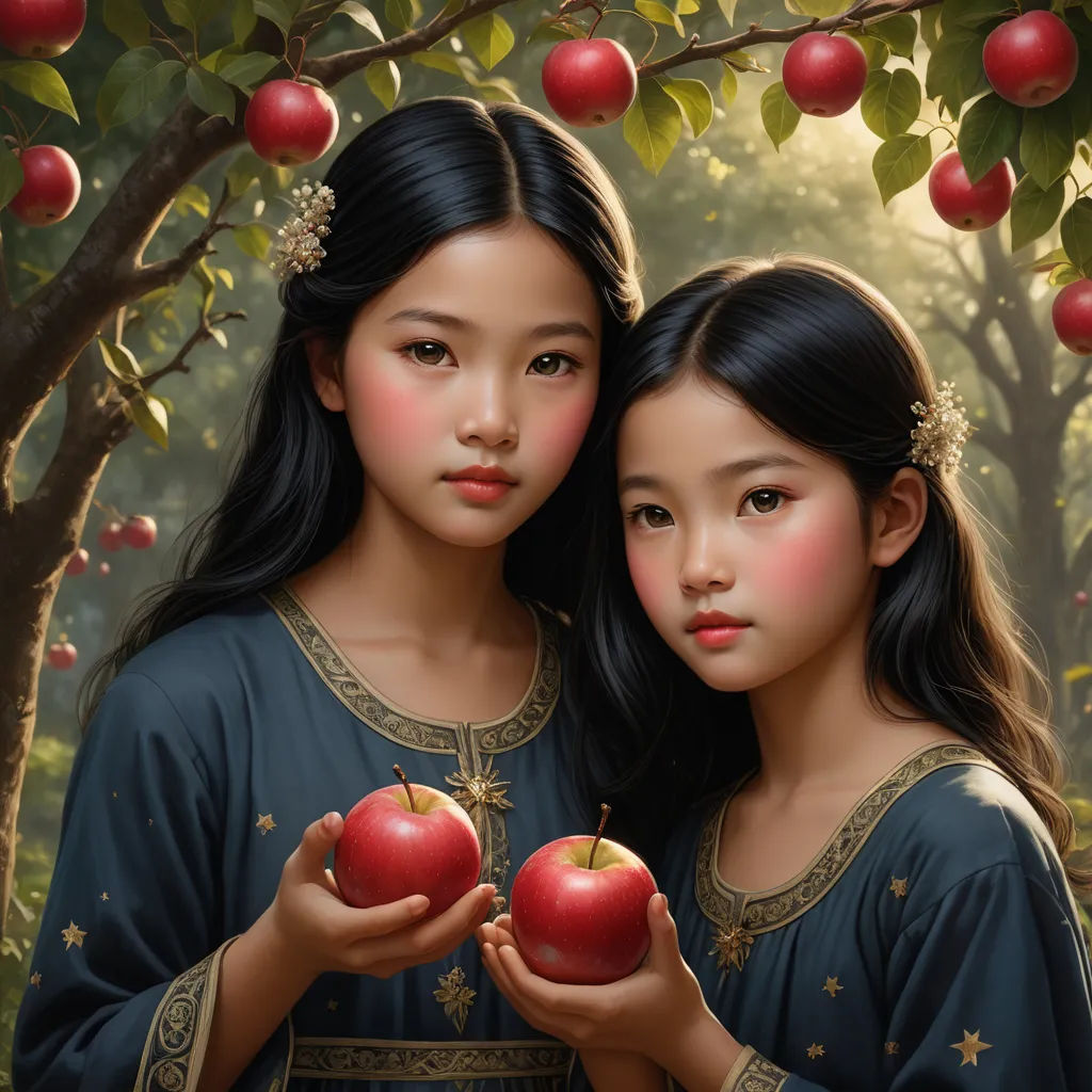 two asian girls holding apples in front of a tree with red apples on it and a green background with stars, cloisonnism, a photorealistic painting, Chen Chun, highly detailed digital painting