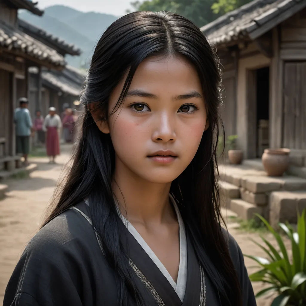 a young asian girl in a black and white outfit standing in front of a building with a mountain in the background, cloisonnism, a character portrait, Fei Danxu, movie still