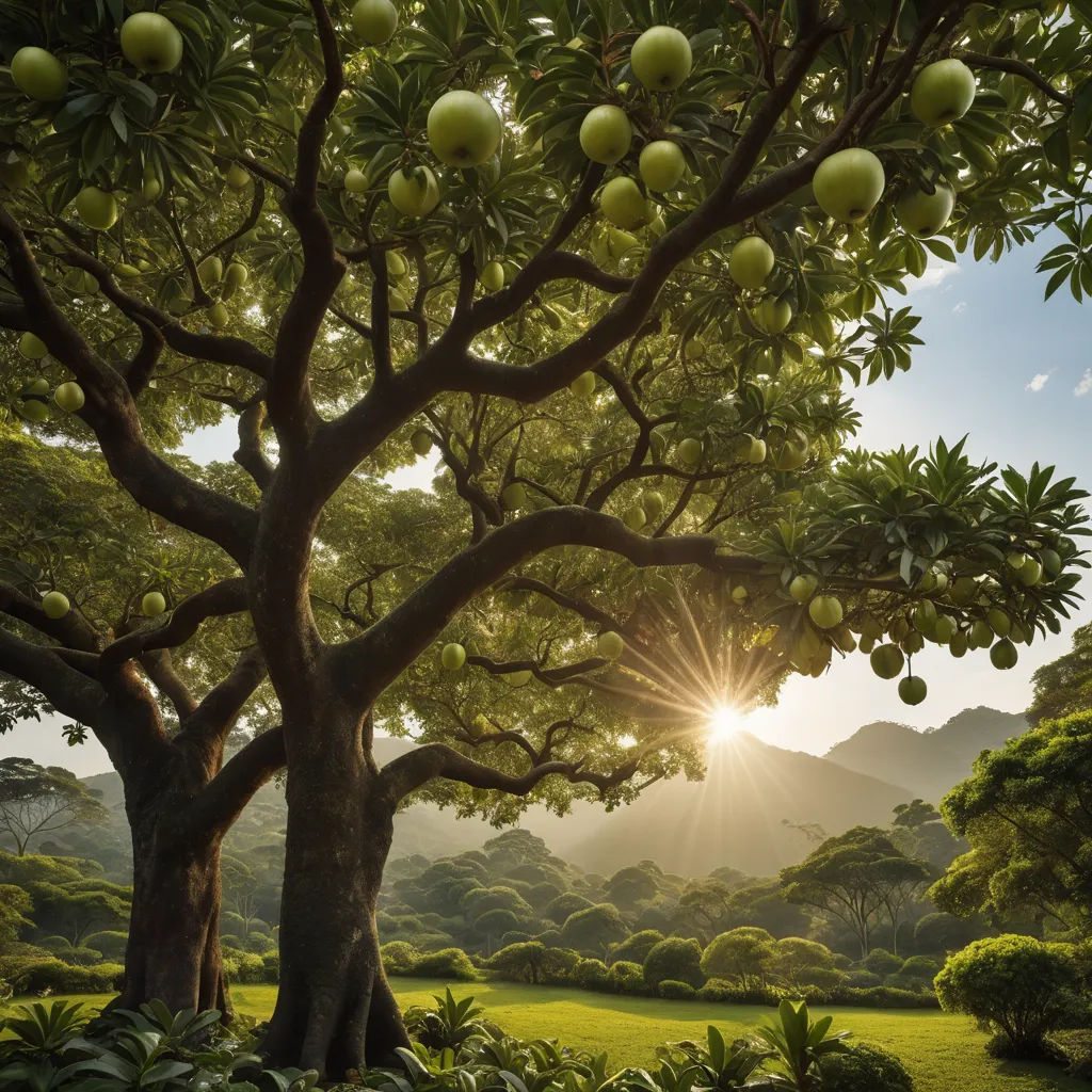 a tree with fruit on it in a field with mountains in the background and sun shining through the leaves, naturalism, a stock photo, David Martin, nature