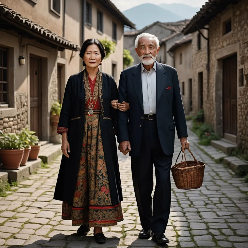 a man and woman walking down a cobblestone street holding hands and a basket in hand, with a mountain in the background, international gothic, a storybook illustration, Byeon Sang-byeok, canon eos r 3