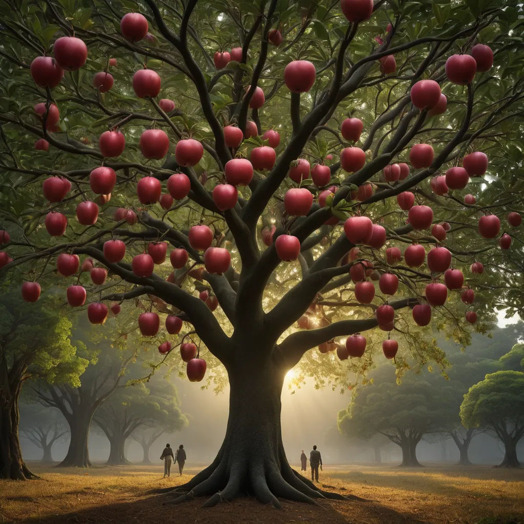 a tree with many red apples on it in a park with foggy sky and sun shining through the trees, ecological art, a surrealist sculpture, Filip Hodas, surreal photography