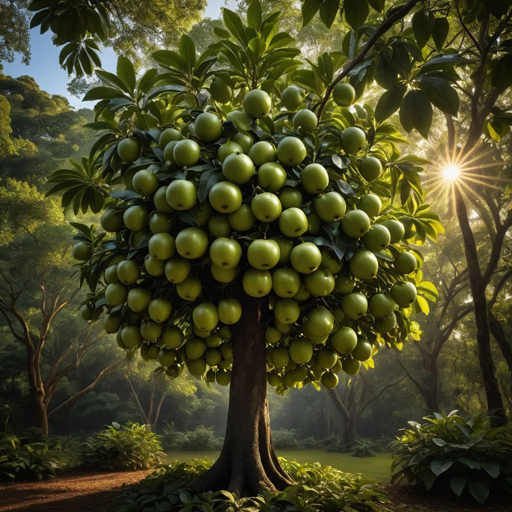 a large tree with lots of green apples growing on it's branches in a park setting with sun shining through the trees, naturalism, a stock photo, David Martin, photorealistic imagery