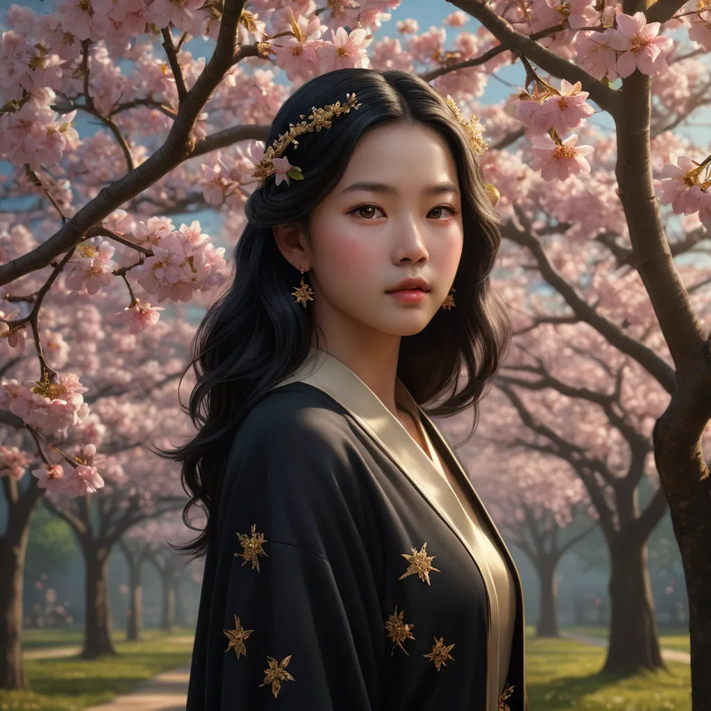 a woman in a kimono standing in front of a tree with pink flowers on it and a path leading to a park, fantasy art, a photorealistic painting, Choi Buk, cgstudio