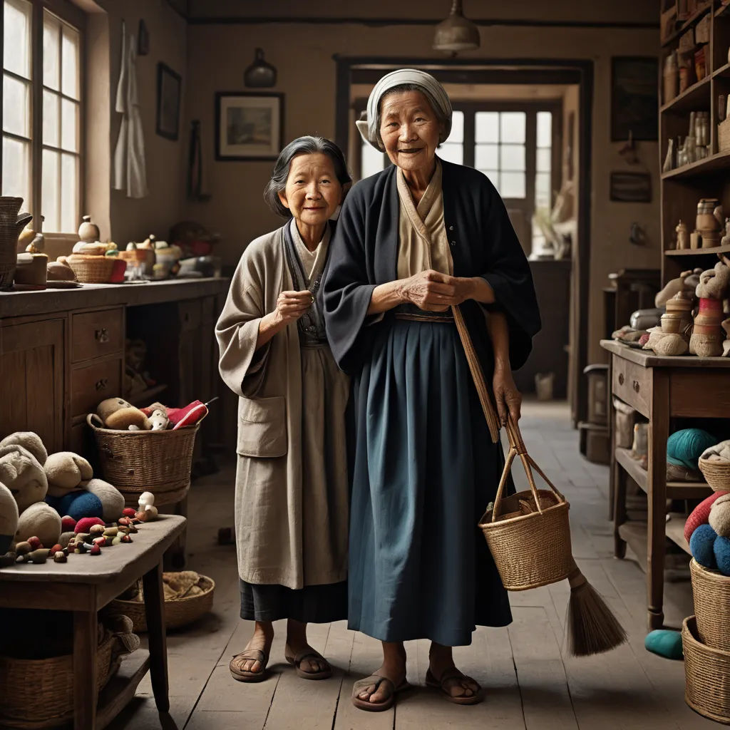two women standing in a room with baskets and baskets on the floor and a shelf full of pottery and other items, mingei, a tilt shift photo, Annie Leibovitz, kyoto studio