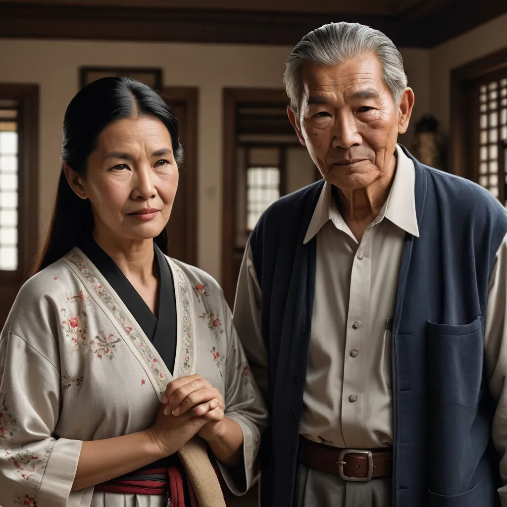 an older asian couple standing next to each other in a room with windows and a door in the background, gutai group, a poster, Byeon Sang-byeok, movie still