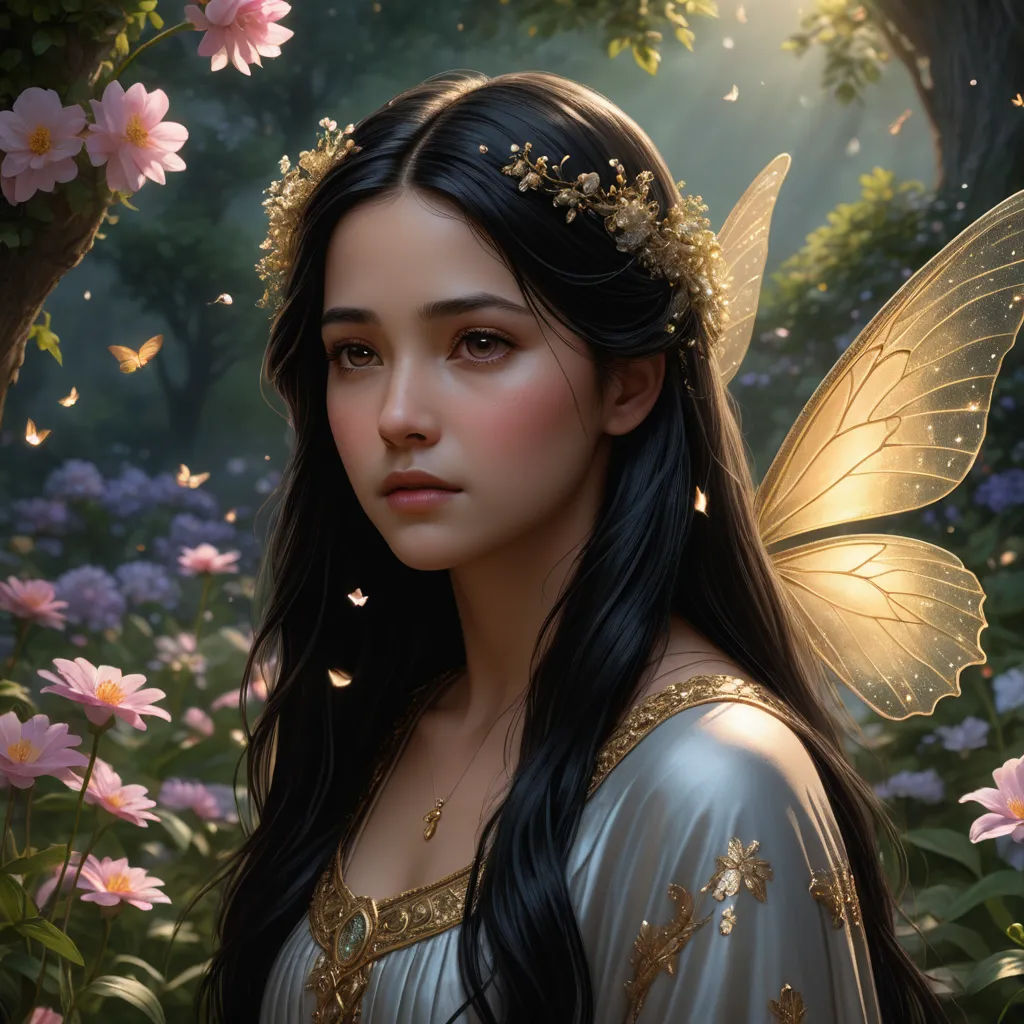 a fairy with long hair and a butterfly on her head standing in a garden of flowers and butterflies, with a butterfly in her hair, fantasy art, a detailed painting, Anne Stokes, fantasy artwork