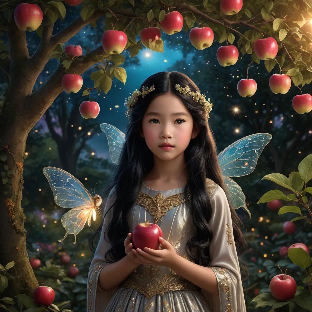 a little girl holding an apple under a tree with lots of apples on it and a fairy holding an apple, fantasy art, a storybook illustration, Chen Chun, highly detailed digital painting