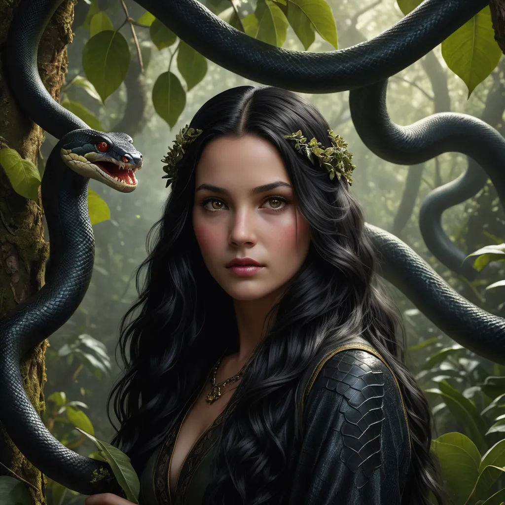 a woman with a snake on her shoulder and a snake on her shoulder, in the jungle, with a snake on her shoulder, fantasy art, poster art, Art of Brom, promotional image
