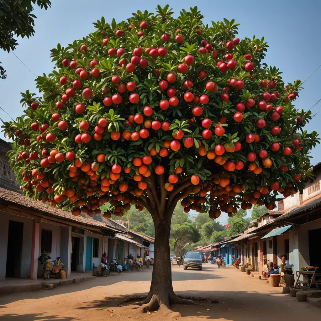 a tree with fruit growing on it in a village street area with a car parked in the background and a building with a sign on the side, ecological art, a jigsaw puzzle, Boetius Adamsz Bolswert, award-winning photograph