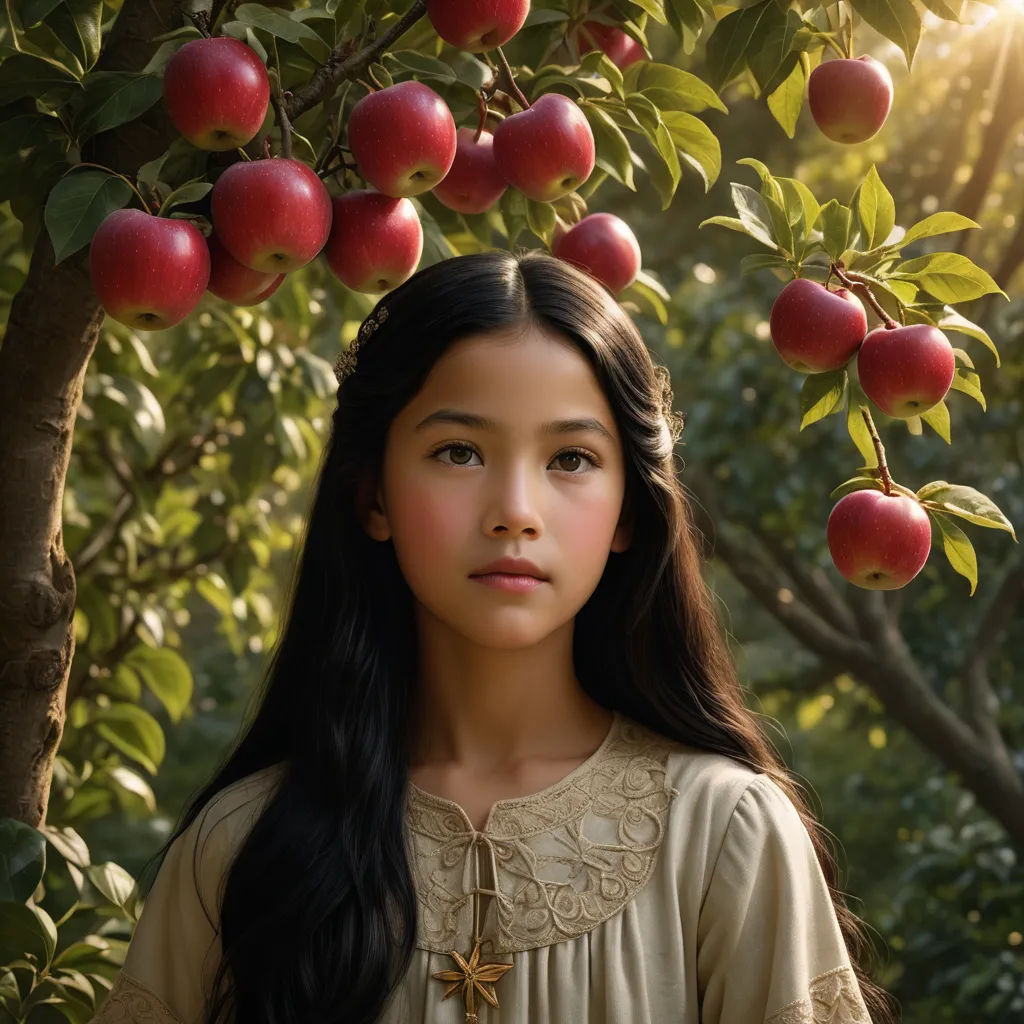 a young girl standing under a tree filled with apples in a forest of trees and bushes, with sunlight shining through the leaves, magical realism, a poster, Chen Lin, promotional image