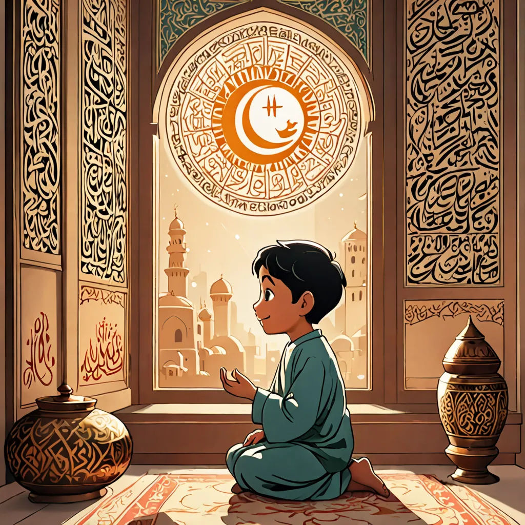a boy sitting on the floor in front of a window with a crescent and a crescent on it, in front of a decorated wall, hurufiyya, a storybook illustration, Asaf Hanuka, official art