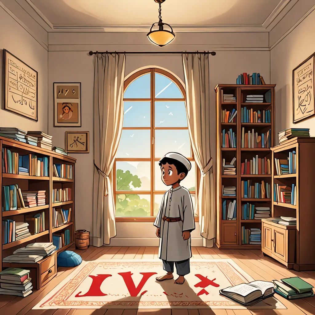 a cartoon boy standing in a room with a bookcase and a window in the background with a book on the floor, hurufiyya, a storybook illustration, Asaf Hanuka, official art