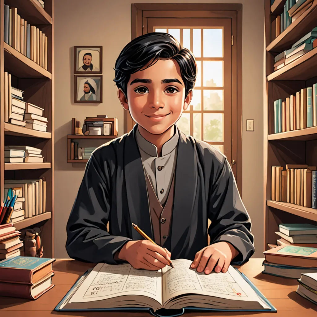 a boy is sitting at a desk with a book and pen in his hand and a bookcase full of books behind him, qajar art, a storybook illustration, Abdullah Gërguri, official art