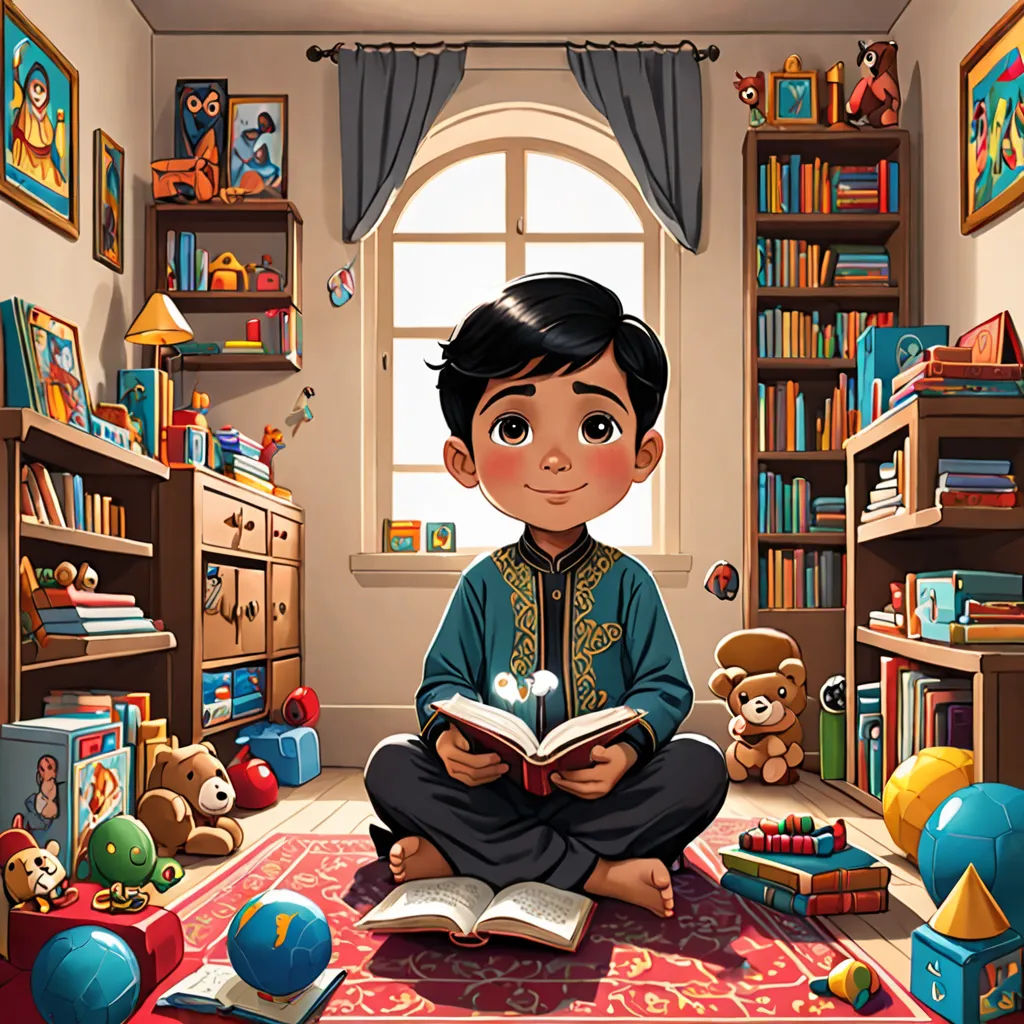 a boy sitting on the floor reading a book in a room with toys and bookshelves on the walls, qajar art, a storybook illustration, Chris LaBrooy, storybook illustration