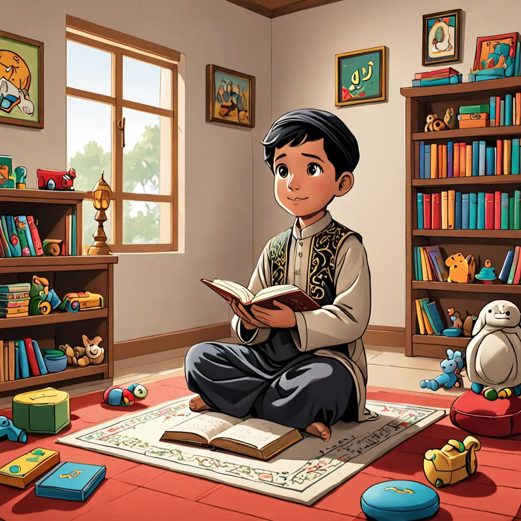 a boy sitting on the floor reading a book in a room with bookshelves and toys around him, hurufiyya, a storybook illustration, Altoon Sultan, storybook illustration