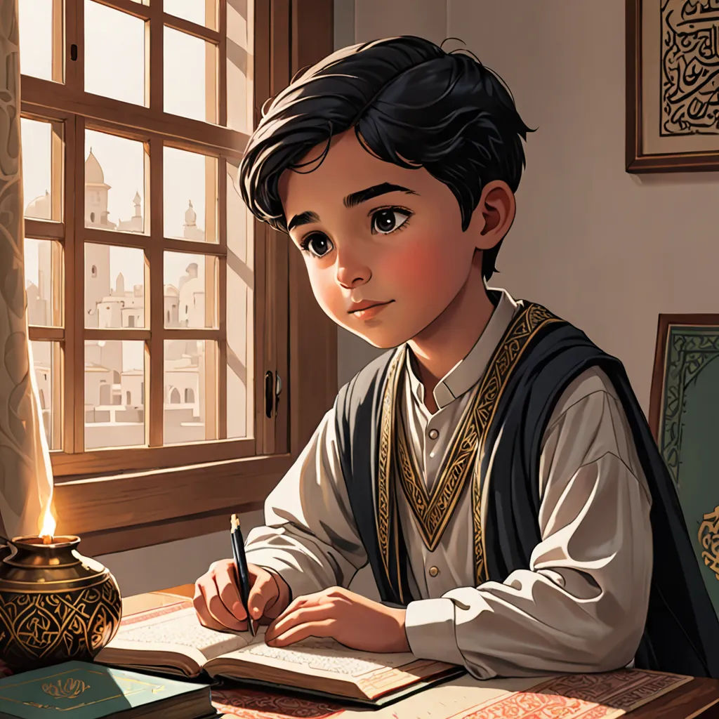 a boy in a traditional outfit writing on a book in front of a window with a lamp on it, hurufiyya, a storybook illustration, Altoon Sultan, storybook illustration