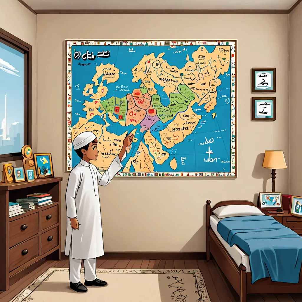 a man is pointing to a map on a wall in a bedroom with a bed and dressers and a window, hurufiyya, a storybook illustration, Altoon Sultan, graphic novel