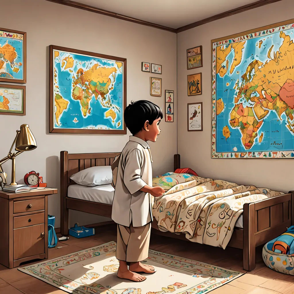 a boy standing in a bedroom looking at a map of the world on the wall above his bed and a dresser, excessivism, a storybook illustration, Diego Gisbert Llorens, storybook illustration