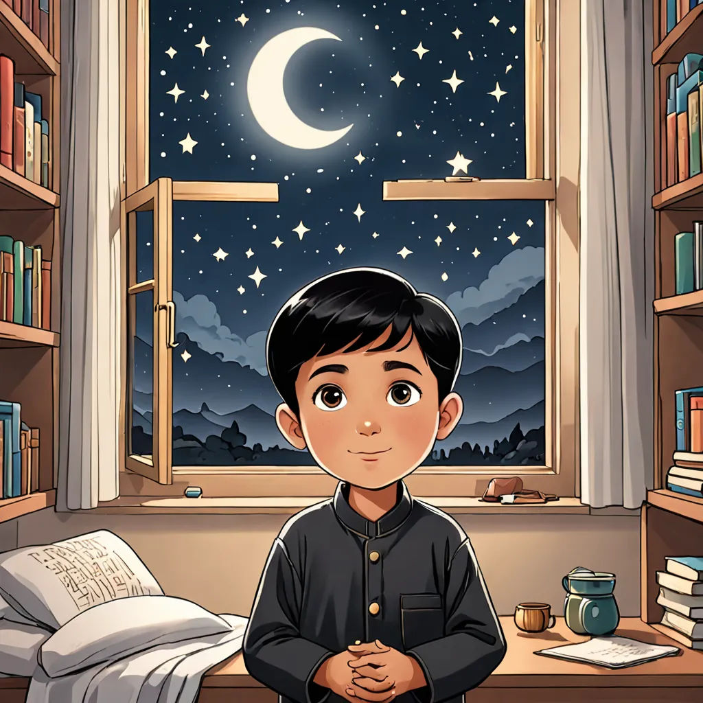 a boy is sitting in front of a window with a bookcase and a book on the desk in front of him, dau-al-set, a storybook illustration, Amir Zand, storybook illustration