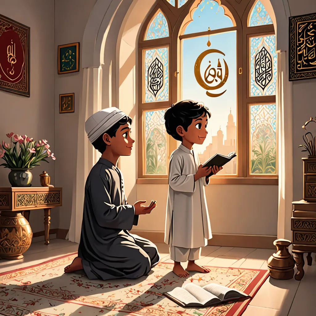 a boy and a boy sit on a rug in front of a window and read a book together in a room with a large window, hurufiyya, a storybook illustration, Brothers Hildebrandt, official art