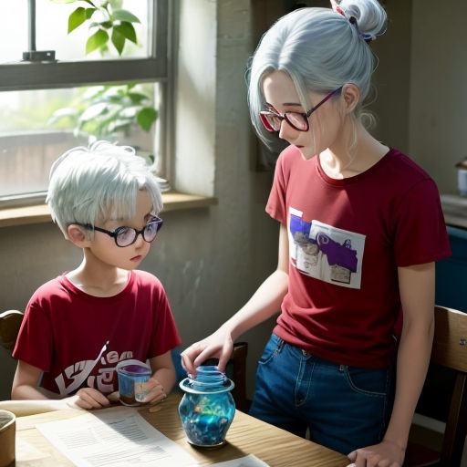a woman and a boy sitting at a table with a jar of water in front of them and a pot of blue liquid in front of them