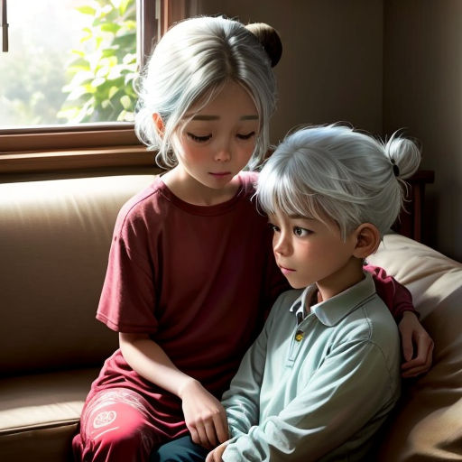 a boy and a girl sitting on a couch looking at something on the ground while the girl is looking down