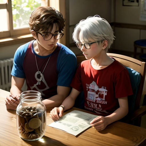 two boys sitting at a table with a jar of coins and a book in front of them, looking at a book