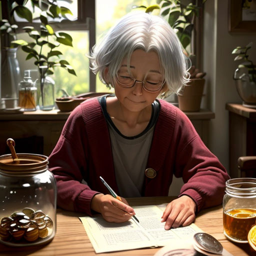 a woman sitting at a table writing on a piece of paper with a jar of honey nearby on the table
