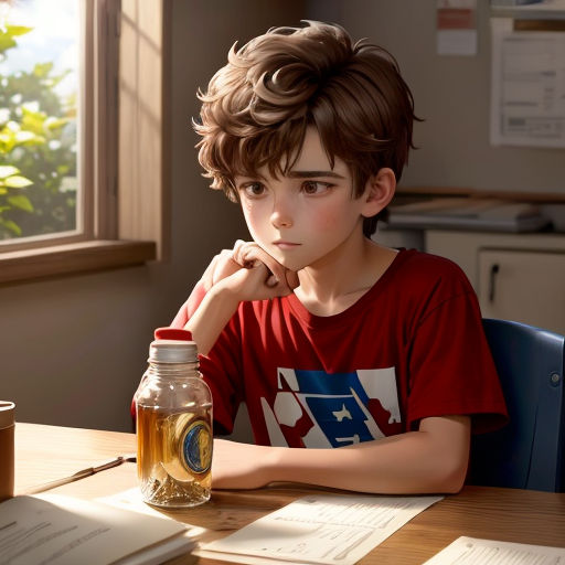 a boy sitting at a table with a bottle of liquid in front of him and a book on the table