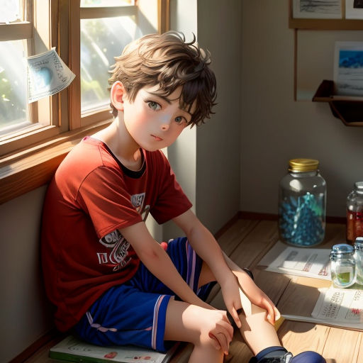 a boy sitting on a table with a pair of scissors in his hand and a jar of jelly in the background