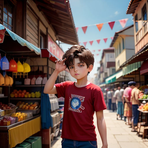 a young boy standing in front of a market with a red shirt on and a red shirt on his head