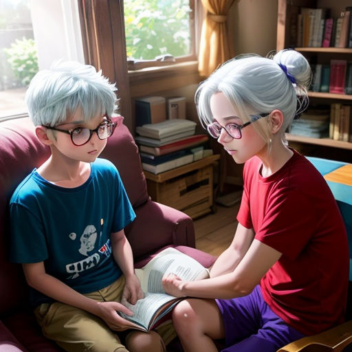 two children sitting on a couch reading a book together, one of them is wearing glasses and the other is wearing a red shirt