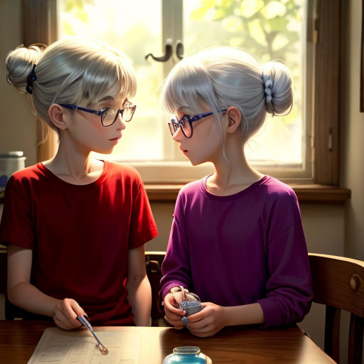 two young girls sitting at a table with a cell phone in their hands and a jar of jelly in front of them