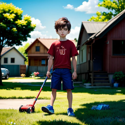 a young boy standing in the grass with a mower in his hand and a red shirt on his shirt