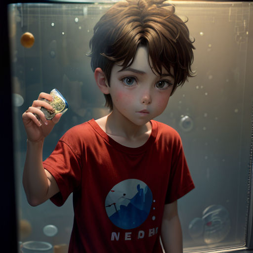 a young boy holding a glass in front of a mirror with bubbles on it and a bottle in his hand