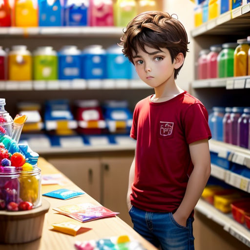 a young boy standing in front of a counter filled with lots of colorful items and drinks in a store