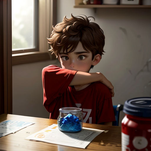 a boy sitting at a table with a jar of candy in front of him and a cup of coffee
